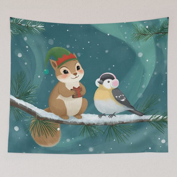 Item preview, Flying Squirrel & Snow Bunting – A Silent Christmas Night designed and sold by WildlifeWhimsy.