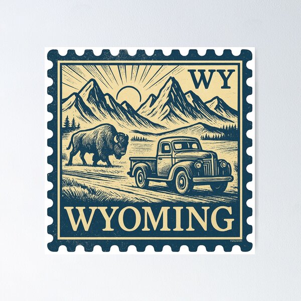 Item preview, Wyoming Vintage Stamp Design - Bison & Backroads designed and sold by Automotive Art by Greg.