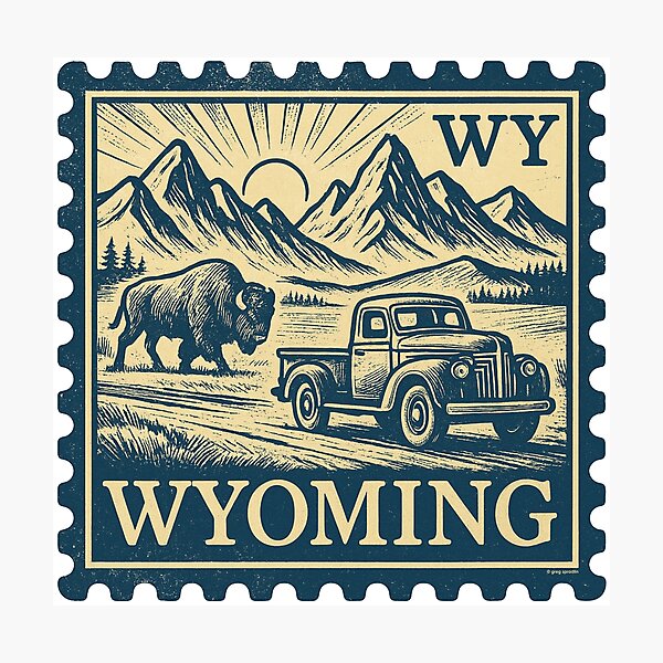 Item preview, Wyoming Vintage Stamp Design - Bison & Backroads designed and sold by Automotive Art by Greg.