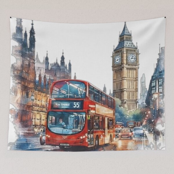 Item preview, London Watercolor Street Scene with Red Bus designed and sold by Evan-Tees.