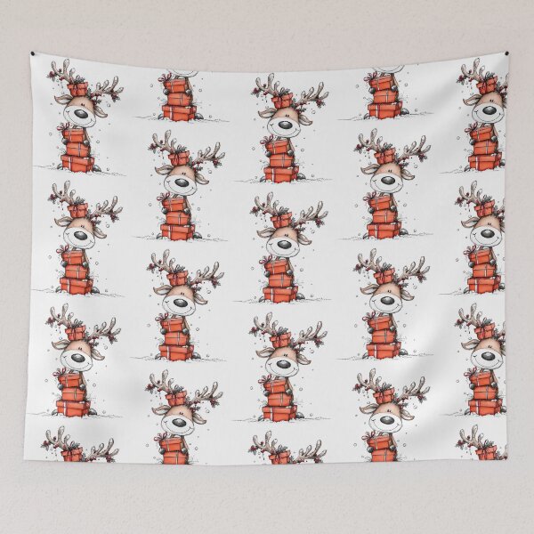 Item preview, Reindeer With Holly Antlers & Stacked Red Parcels designed and sold by QuietBloom80.