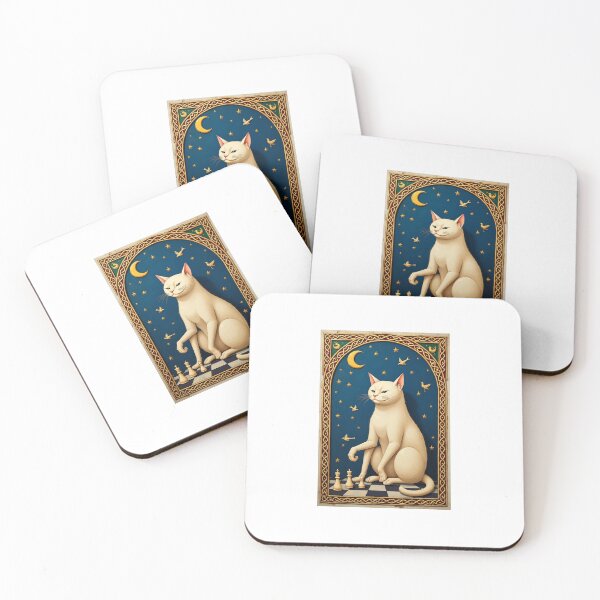 Item preview, Cream-Colored Cat Playing Chess Medieval Art designed and sold by PictorialWhimsy.
