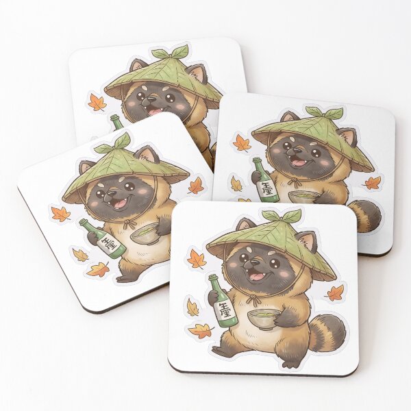 Item preview, Chibi Tanuki Raccoon Dog with Sake and Straw Hat designed and sold by XM STOREZ .