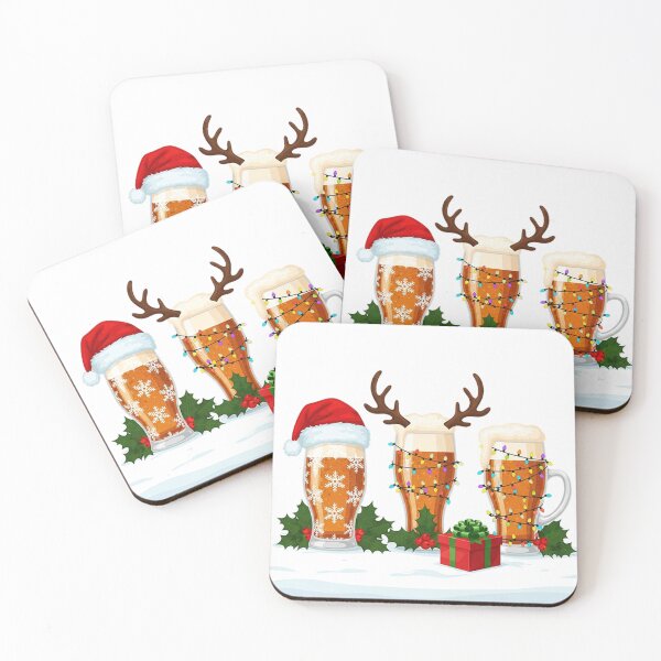 Item preview, Festive Beer Trio – Christmas Holiday Illustration with Santa Hat, Reindeer Antlers, and Holiday Lights designed and sold by PixelVibe782.