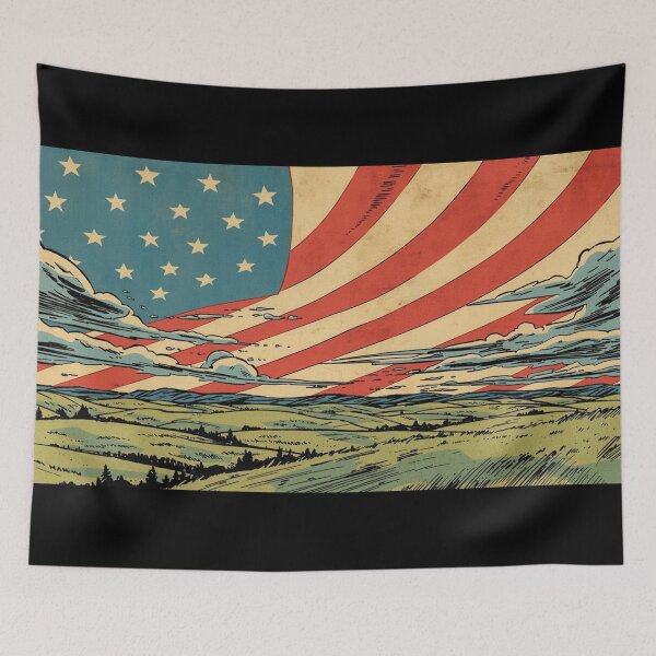 Artikelvorschau, Patriotische amerikanische Flagge im Vintage-Retro-Comic-Stil über einer Landschaft entworfen und verkauft von MiloOfficial.