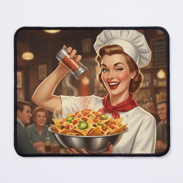 Item preview, "PUB NACHOS TO CRAVE FOR!" – Vintage 1950s Pub Lady Chef Poster designed and sold by Cozy-Old-Pub.