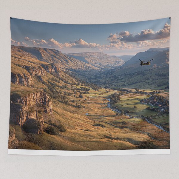 Item preview, Heavy Lift Chinook Gliding Over the British Hills in Calm Weather designed and sold by Skyframe Aviation.