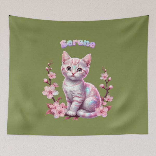 Item preview, Serene Sparkle Kitten: Kawaii Pastel Pink Cat with Cherry Blossoms designed and sold by MCT-GALLERY.