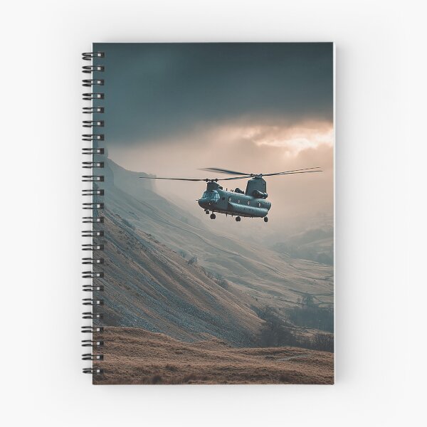 Artikelvorschau, Doppelrotor-Chinook über Ackerland mit sich drehenden Rotorblättern entworfen und verkauft von Skyframe Aviation.