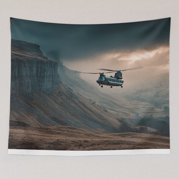 Item preview, Chinook de doble rotor sobrevuela tierras de cultivo con las palas girando designed and sold by Skyframe Aviation.