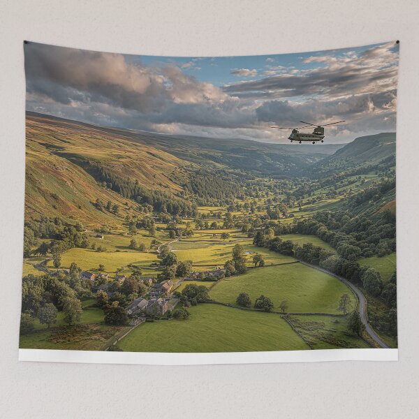 Item preview, Military Chinook Gliding Over Green Valleys on Patrol designed and sold by Skyframe Aviation.
