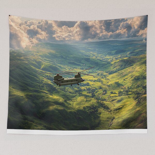 Item preview, Boeing Chinook Cruising Over the Rural Landscape in Golden Light designed and sold by Skyframe Aviation.