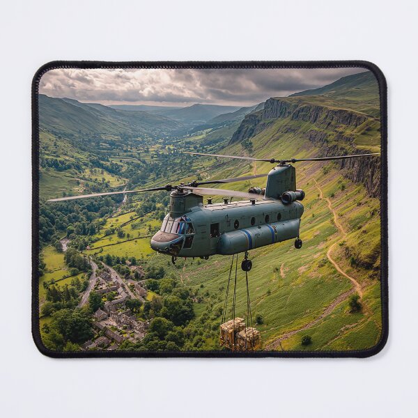 Item preview, Royal Air Force Chinook Flying Above the British Hills Over Tranquil Fields designed and sold by Skyframe Aviation.