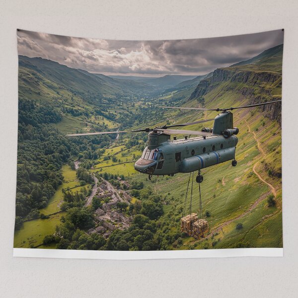 Item preview, Royal Air Force Chinook Flying Above the British Hills Over Tranquil Fields designed and sold by Skyframe Aviation.