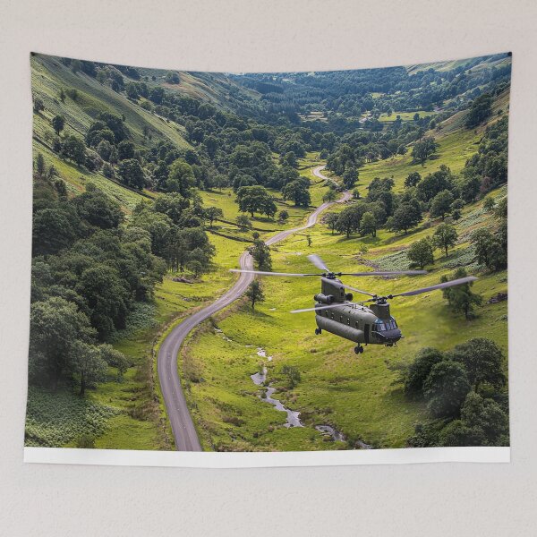 Item preview, Chinook de doble rotor volando sobre la campiña inglesa bajo cielos despejados designed and sold by Skyframe Aviation.
