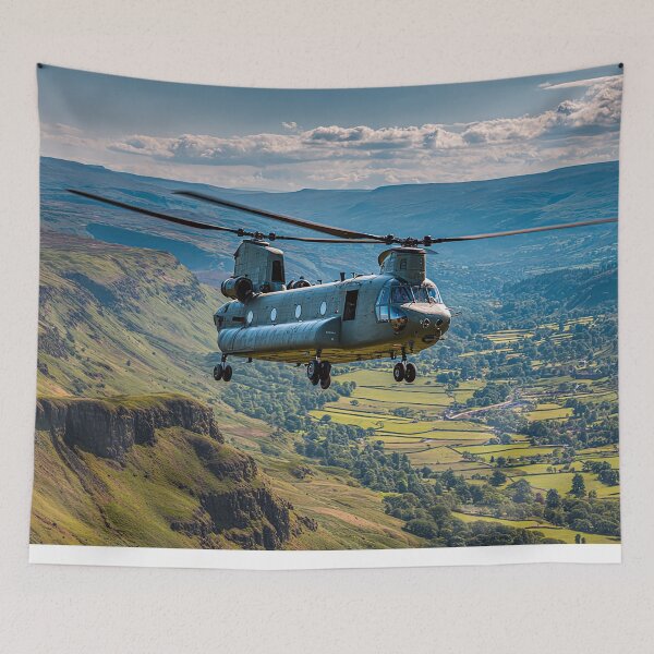 Item preview, Heavy Lift Chinook Soaring Across Farmland Below Above Rolling Hills designed and sold by Skyframe Aviation.