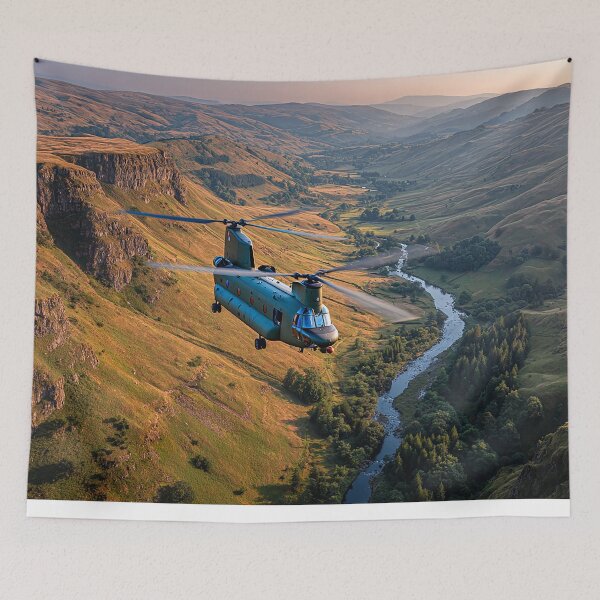 Item preview, Boeing Chinook Cruising Over the British Hills in Calm Weather designed and sold by Skyframe Aviation.
