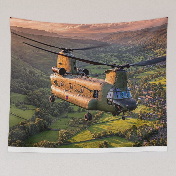 Item preview, The Chinook Helicopter Passing Over Patchwork Fields in Evening Sun designed and sold by Skyframe Aviation.