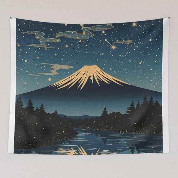 Item preview, Ukiyo-e Woodblock Print of Mount Fuji Under a Starry Sky – Japanese Indigo Night Landscape designed and sold by Vandy Fullam.