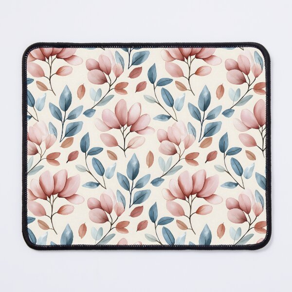 Item preview, The art showcases a seamless pattern featuring pastel pink flowers and blue-toned leaves on slender brown stems, set against a soft, creamy background to give a serene vibe. designed and sold by rujlaphusstudio.