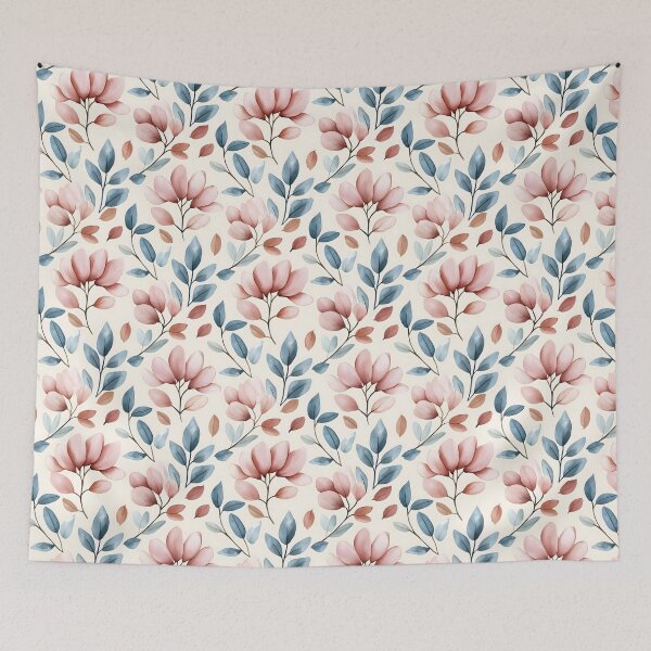 Item preview, The art showcases a seamless pattern featuring pastel pink flowers and blue-toned leaves on slender brown stems, set against a soft, creamy background to give a serene vibe. designed and sold by rujlaphusstudio.