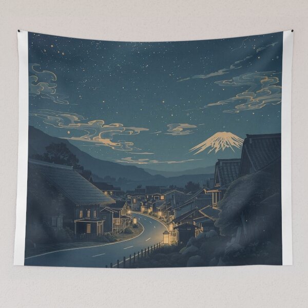 Item preview, Ukiyo-e Woodblock Print of Mount Fuji Night Road – Japanese Starry Sky Landscape designed and sold by Vandy Fullam.