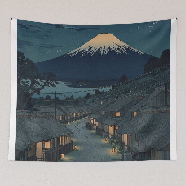 Item preview, Ukiyo-e Woodblock Print of Mount Fuji Night Village – Japanese Starry Sky Landscape designed and sold by Vandy Fullam.