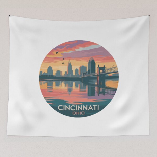 Item preview, Cincinnati Ohio Skyline Sunset | Retro River Reflection Art designed and sold by CircinusStore.