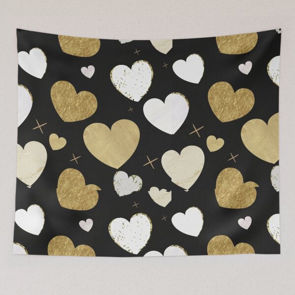 Item preview, several gold spots or vector pattern of several hearts of different sizes on a black background, fabric illustrating a gold logo designed and sold by gulka8.