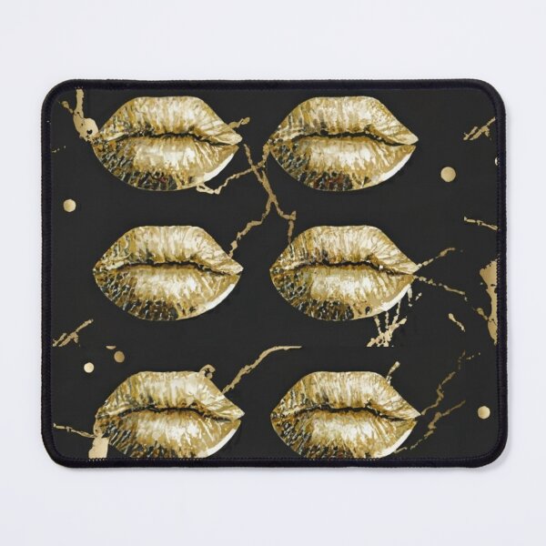 Item preview, several golden spots or vector pattern of several lips of different sizes on black background,logo picture illustration fabric designed and sold by gulka8.