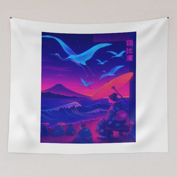 Item preview, Neon Ukiyo-e Dreams: Cranes over Yuigahama at Sunset designed and sold by Neo-Ukiyo-Wave.