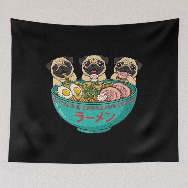 Item preview, Kawaii Three Pug Dogs Eating Ramen Noodle Soup Japanese Art designed and sold by Bongocomic.