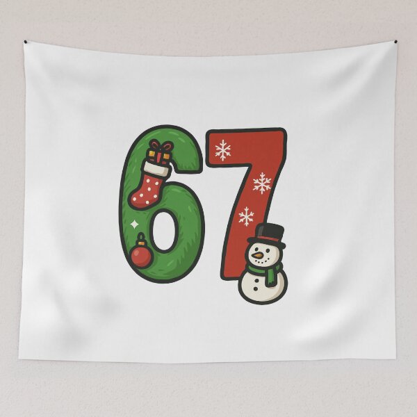 Item preview, 67 Xmas Edition - Six-Seven Holiday Number Design - Festive Snowman, Stocking & Ornament Graphic designed and sold by BrainBubbleArt.