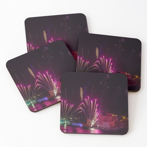 Item preview, Colorful Fireworks Over a Historic Fort By the Harbor At Night With Reflections On Water designed and sold by Nmallia.