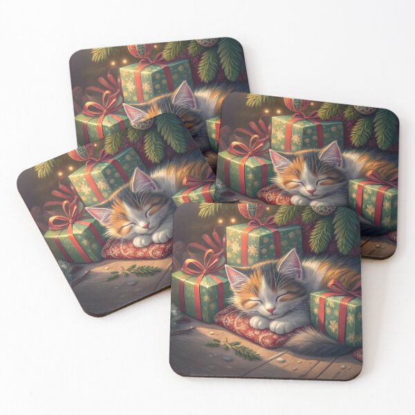 Item preview, Cozy Calico Kitten Sleeping by Christmas Tree and Presents designed and sold by skibreck.