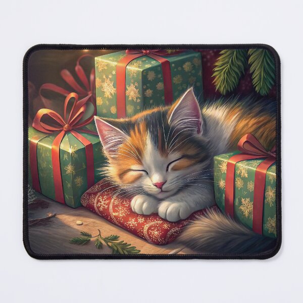 Item preview, Cozy Calico Kitten Sleeping by Christmas Tree and Presents designed and sold by skibreck.