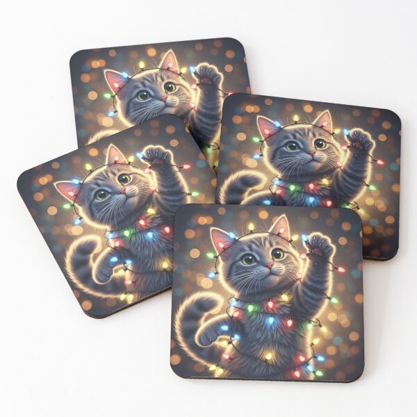 Item preview, Mischievous Cat with Christmas Lights designed and sold by PetJoyPrintsCO.