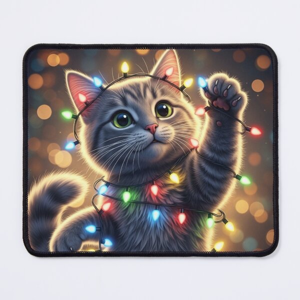 Item preview, Mischievous Cat with Christmas Lights designed and sold by PetJoyPrintsCO.