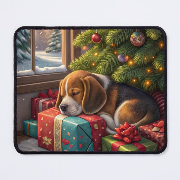 Item preview, Sleeping Beagle Puppy on Christmas Gift Under Tree with Snow View designed and sold by skibreck.