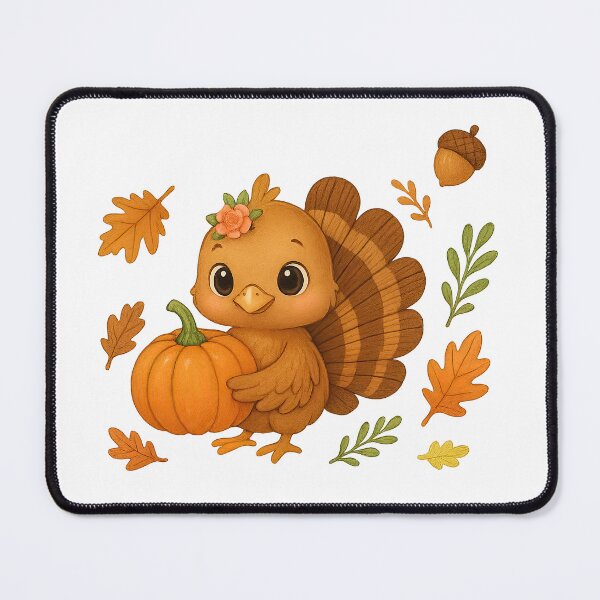 Item preview, Cute Baby Turkey with Pumpkin – Adorable Autumn Woodland Illustration designed and sold by MujernDesignArt.