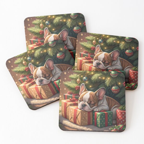 Item preview, Sleeping French Bulldog Puppy Resting on Christmas Gifts Under the Tree designed and sold by skibreck.