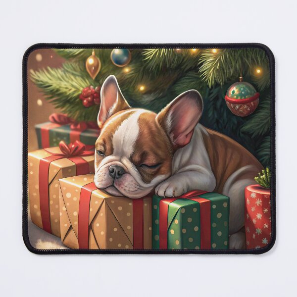 Item preview, Sleeping French Bulldog Puppy Resting on Christmas Gifts Under the Tree designed and sold by skibreck.
