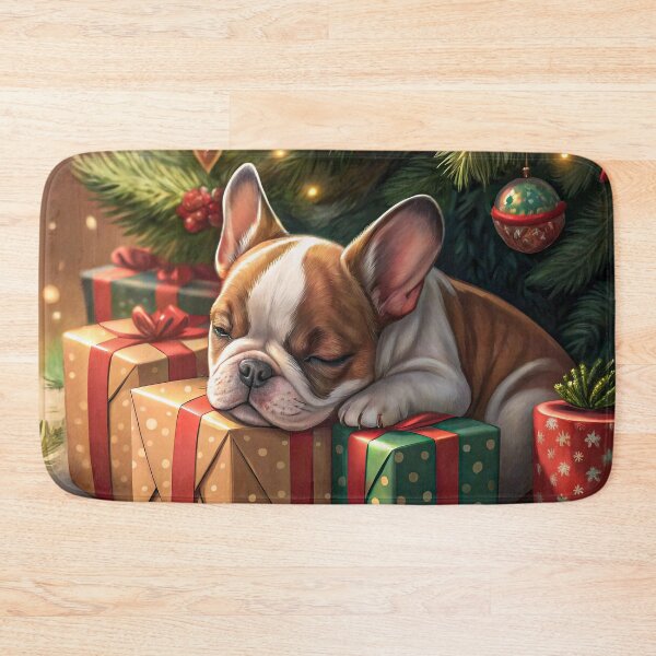 Item preview, Sleeping French Bulldog Puppy Resting on Christmas Gifts Under the Tree designed and sold by skibreck.