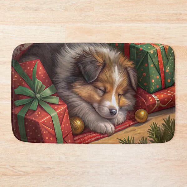 Item preview, Peaceful Shetland Sheepdog Puppy Sleeping Amongst Christmas Gifts designed and sold by skibreck.