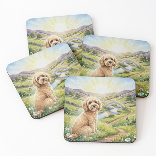 Item preview, Rainbow Bridge Dog Memorial Art – Cockerpoo in Sunlit Meadow with Rainbow designed and sold by Pixel Pout.