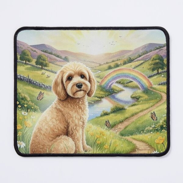 Item preview, Rainbow Bridge Dog Memorial Art – Cockerpoo in Sunlit Meadow with Rainbow designed and sold by Pixel Pout.