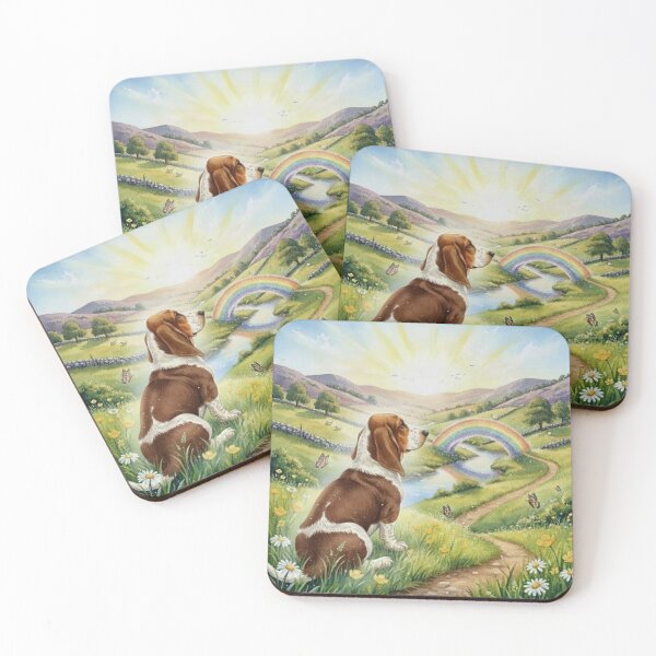 Item preview, Rainbow Bridge Dog Memorial Art – Basset Hound in Sunlit Meadow with Rainbow designed and sold by Pixel Pout.