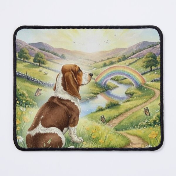 Item preview, Rainbow Bridge Dog Memorial Art – Basset Hound in Sunlit Meadow with Rainbow designed and sold by Pixel Pout.
