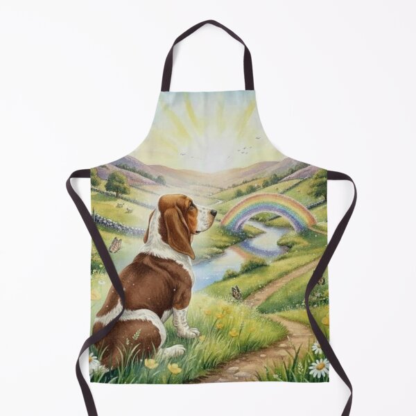 Item preview, Rainbow Bridge Dog Memorial Art – Basset Hound in Sunlit Meadow with Rainbow designed and sold by Pixel Pout.