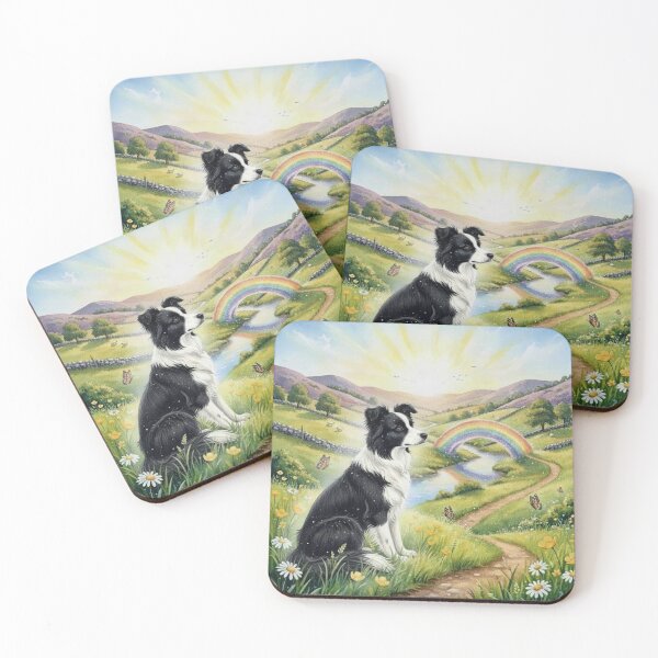 Item preview, Rainbow Bridge Dog Memorial Art – Border Collie in Sunlit Meadow with Rainbow designed and sold by Pixel Pout.